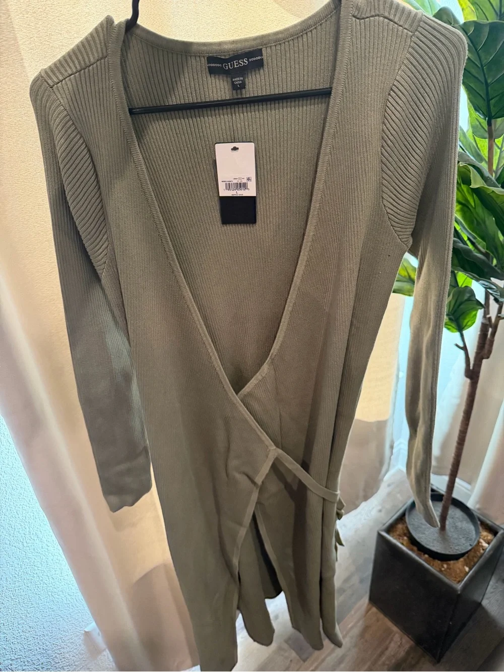 GUESS Olive Ribbed Wrap-Front Cardigan size Large New